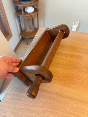 VTG dark brown solid wood wall mount paper towel holder rolling pin shaped